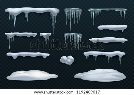 Snow elements. Snowball and snowdrift, icicles and snowcap borders. Isolated winter vector set. Illustration of snowball effect, frost snowcap