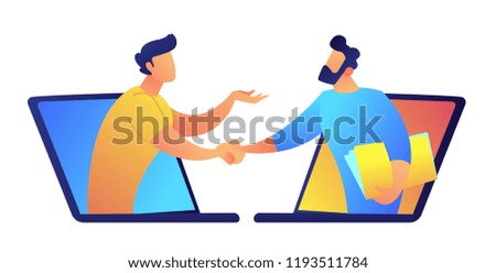 Two businessmen talk through laptop screens and shake hands. Online communication and business meeting, video communication technology and video call application concept. Isolated on white background.