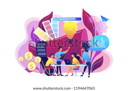 Digital marketing team with laptops and light bulb. Marketing team metrics, marketing team lead and responsibilities concept on white background. Bright vibrant violet vector isolated illustration