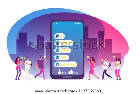 Customer review and feedback. Five stars rating on smartphone screen and clients. Online survey, customers satisfaction vector concept. Illustration of rating review, feedback customer service