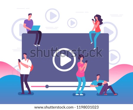 People watching online video. Digital internet television, web videos player or social media live stream vector concept illustration. Online video stream, play and watching movie