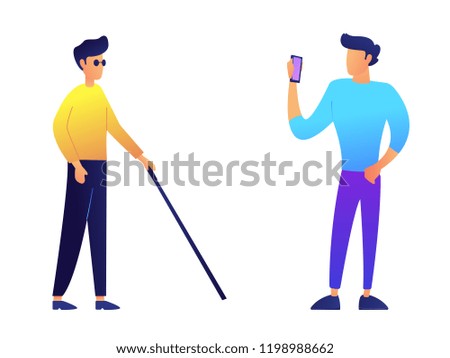 Blind man with walking cane and user with mobile phone vector illustration. Disability and healthcare, communication and disability, concept. Isolated on white background.