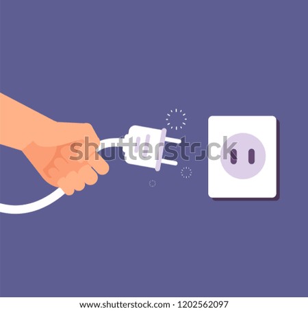 Disconnected plug. Connection or disconnection of electricity with wire plug and socket. 404 error, page not found vector concept. Electric disconnect wire, electricity socket and plug illustration Foto stock © 