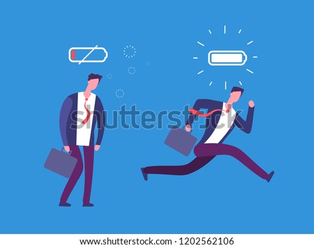 Full of energy and tired businessman. Powerful and flat person with full charge and uncharged battery. Business vector concept. Business man low charge energy, tired male illustration