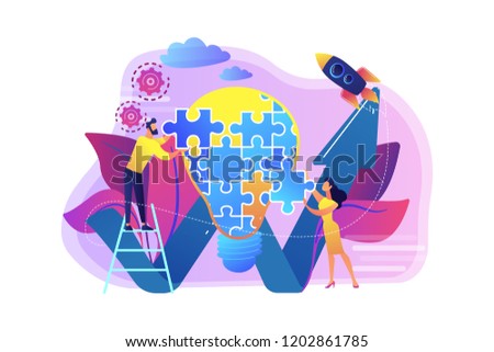 Business team doing lightbulb from jigsaw puzzle and rising arrow. Creative idea and insight, notion, invention concept on white background. Bright vibrant violet vector isolated illustration