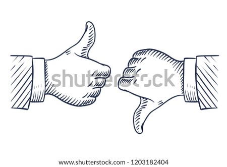 Hand drawn thumbs up and down. Like and unlike business isolated sketch vector symbols. Illustration of hand with thumb up finger, ok and negative