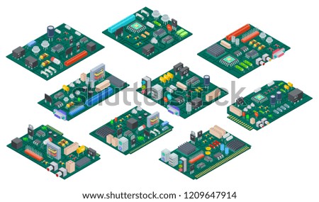 Circuit board isometric. Electronic computer components motherboard. Semiconductor microchip, diode. Hardware vector parts