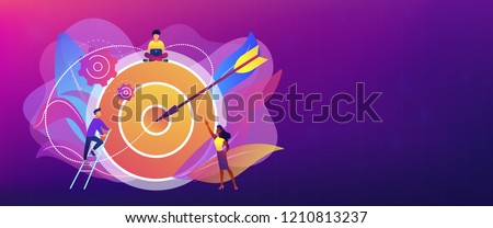 Businessmen working and woman at big target with arrow. Goals and objectives, business grow and plan, goal setting concept on white background. Header or footer banner template with copy space.