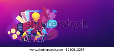 Digital marketing team with laptops and light bulb. Marketing team metrics, marketing team lead and responsibilities concept on white background. Header or footer banner template with copy space.