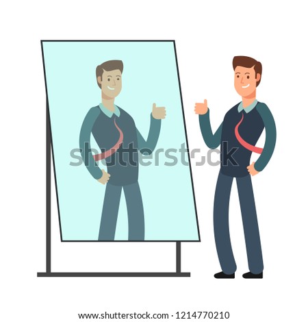 Cartoon businessman loves to look at his reflection in mirror. Egoistic person consept
