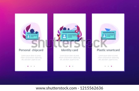 Smart ID card with photo and users. Identification microchip and electronic identity card, plastic smartcard, personal information chipcard concept, violet palette. UI UX GUI app interface template.