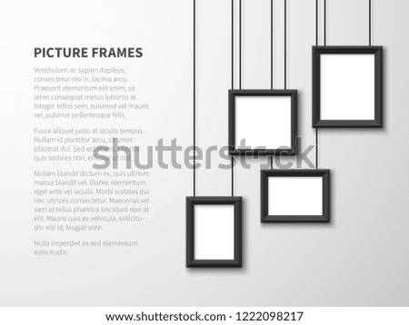 Blank hanging frames. Pictures, photo frames on light wall. Contemporary vector interior