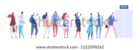 People in queue. Men and women in casual clothes, persons in line outside open store door. Vector concept