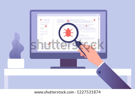 Computer virus concept. Hand with magnifying glass testing software. Bug virus icon on computer screen. Vector illustration