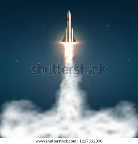 Space rocket launch. Spaceship take off with fire and jet smoky trail. Space travel and start up isolated vector illustration