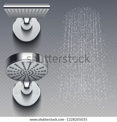 Realistic shower metal heads and trickles of water vector illustration isolated on transparent background