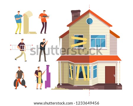 Old and new home. Renovation of house with repairer people. Building maintenance service isolated vector concept