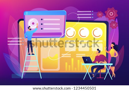 Social media specialists manage multiple accounts on huge laptop. Social media dashboard, online marketing interface, social media metrics concept. Bright vibrant violet vector isolated illustration