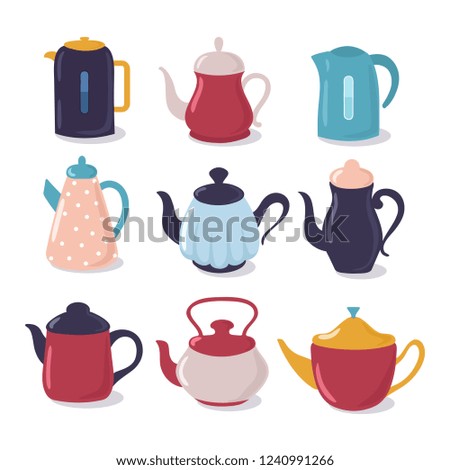 Cartoon kettle set. Teapot with spout kitchenware, household utensils vector collection