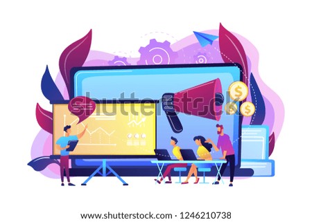 Marketeers learning from fellow professionals at meetup with presentation board. Marketing meetup, sharing experience, marketing expertise concept. Bright vibrant violet vector isolated illustration