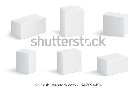 White cardboard boxes. Blank medicine package in different sizes. Medical product square box 3d vector isolated mockups