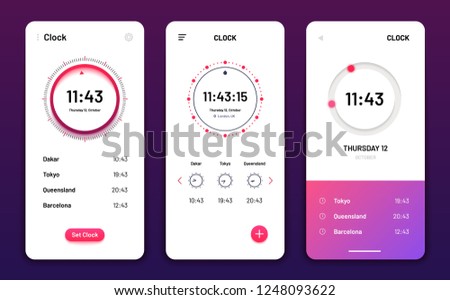 Clock app. Digital clock alarm phone application. Cellphone watch widget futuristic vector user interfaces