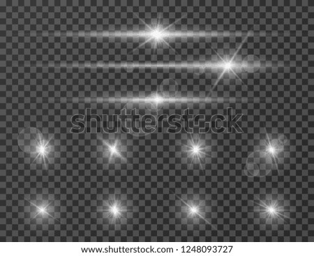 Light flare. Optical lens glowing flashlight effect. Gleaming camera flash. Realistic sparkles vector set