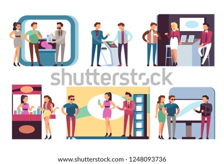 People at trade expo. Men and women at product demonstration stands and event booths on exhibition. Vector set