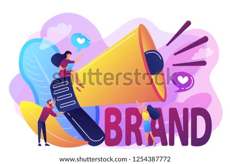 Marketers with megaphone conducting brand awareness campaign. Brand awareness, product research result, marketing survey metrics concept. Bright vibrant violet vector isolated illustration