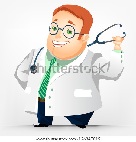Cartoon Character Cheerful Chubby Men. Doctor. Vector Illustration. EPS 10.