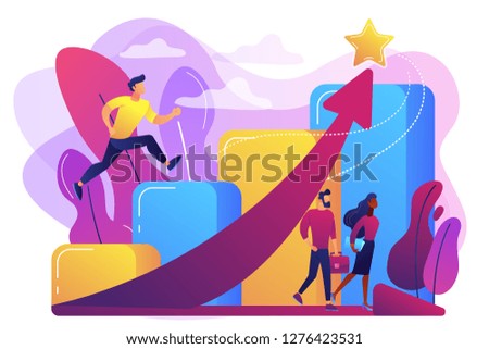 Successful businessman running up the career stairs and rising arrow to a star. Career growth, careerbuilder, career development concept. Bright vibrant violet vector isolated illustration