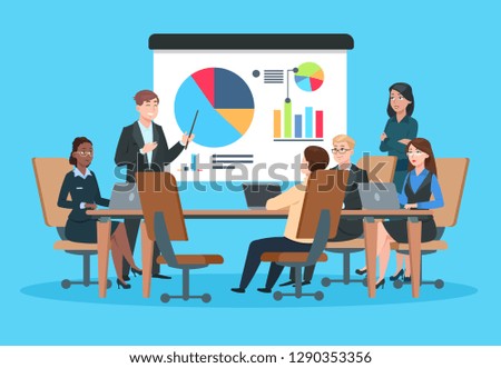 Business meeting. Flat people on presentation conference. Businessman at project strategy infographic. Team seminar vector concept