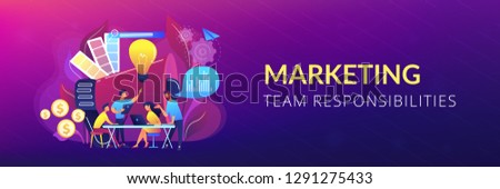 Digital marketing team with laptops and light bulb. Marketing team metrics, marketing team lead and responsibilities concept on white background. Header or footer banner template with copy space.