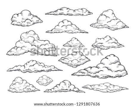 Sketch clouds. Hand drawn sky cloudscape. Outline sketching cloud vintage vector collection. Illustration of cloud shape of collection