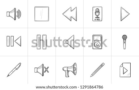 Media hand drawn outline doodle icon set for print, web, mobile and infographics. Music, video, radio and internet vector sketch illustration set isolated on white background.