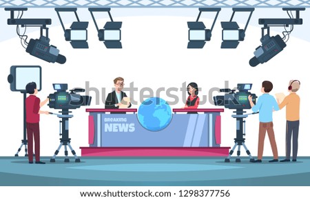 News tv show studio. Presenters broadcasting with cameraman on television. People talking to camera in studio. Vector illustration