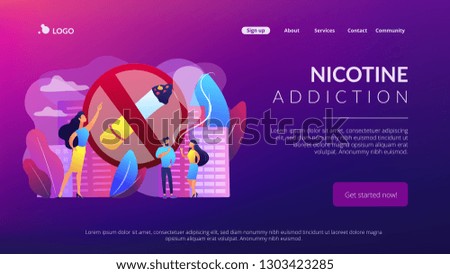 Business woman pointing at no smoking sign and people with cigarettes. Smoking cigarettes, nicotine addiction, smoking health risks concept. Website vibrant violet landing web page template.