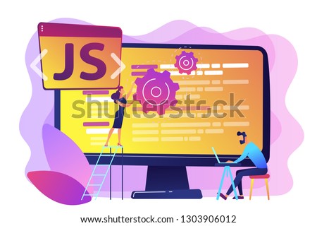 Programmers using JavaScript programming language on computer, tiny people. JavaScript language, JavaScript engine, JS web development concept. Bright vibrant violet vector isolated illustration