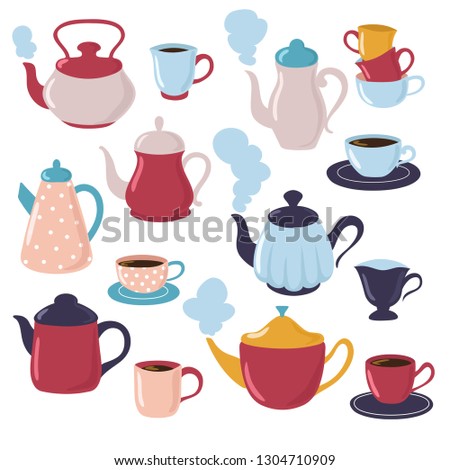TEAPOT AND CUP COLLECTION. Cartoon water kettle and porcelain cups with tea. Kitchenware vector set