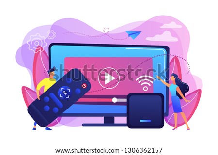 Tiny people watch video with remote control and television multimedia box. Smart TV box, smart tv console, make your TV smart concept. Bright vibrant violet vector isolated illustration