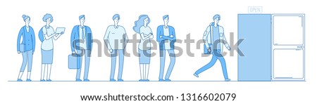 Queue at door. Adult people customers group in casual clothes standing in long line queue outside open door. Vector concept
