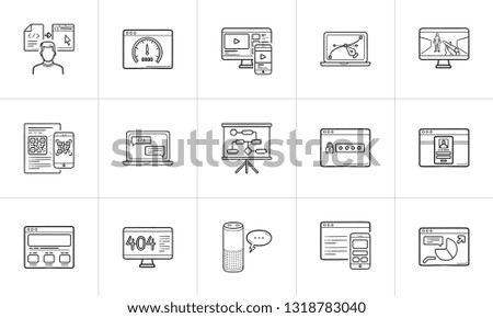 Web development hand drawn outline doodle icon set. Outline doodle icon set for print, web, mobile and infographics. Programming, coding vector sketch illustration set isolated on white background.