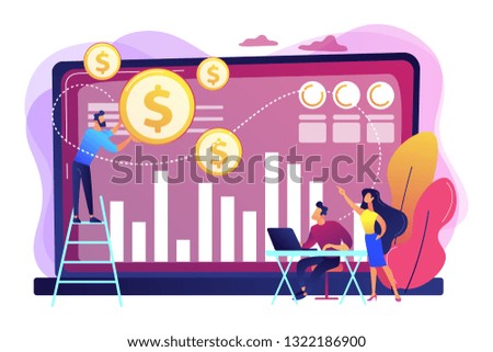 Tiny business people and analysts transforming data into money. Data monetization, monetizing of data services, selling of data analysis concept. Bright vibrant violet vector isolated illustration