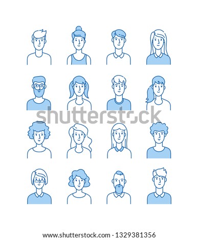 Outline avatars. Smiling young people icons user flat line man woman anonymous faces man woman cute guy web avatar profile vector set