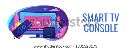 Tiny people watch video with remote control and television multimedia box. Smart TV box, smart tv console, make your TV smart concept. Header or footer banner template with copy space.