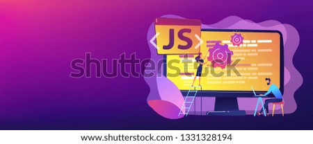 Programmers using JavaScript programming language on computer, tiny people. JavaScript language, JavaScript engine, JS web development concept. Header or footer banner template with copy space.