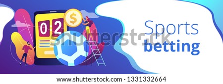 Tiny people, businessman betting on football and bookmaker at big smartphone with score. Sports betting, bookmaker market, sports wagering concept. Header or footer banner template with copy space.