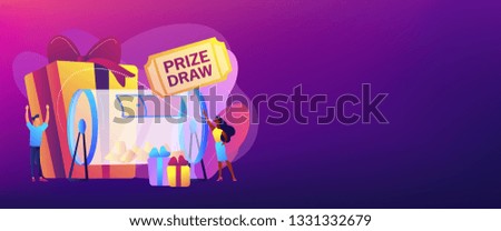 Lucky tiny people turning raffle drum with tickets and winning prize gift boxes. Prize draw, online random draw, promotional marketing concept. Header or footer banner template with copy space.