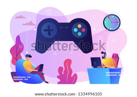 Tiny people gamers playing online video game, huge joystick and clock. Gaming disorder, video gaming addiction, decreased attention span concept. Bright vibrant violet vector isolated illustration