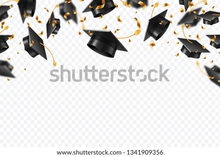 Graduation caps confetti. Flying students hats with golden ribbons isolated. University, college school education vector background